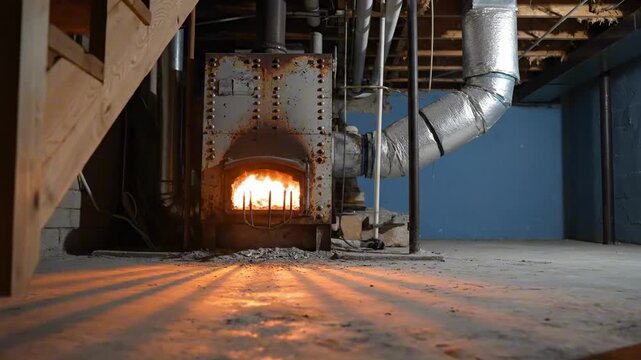 Under-stair furnace basement with blazing heater, insulated ductwork, and long shadow lines across a stark concrete utility floor