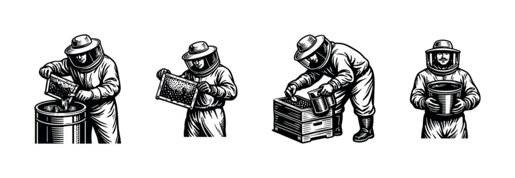 Beekeepers in protective gear processing honey black and white vector silhouette illustration