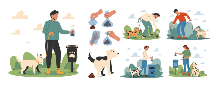 Dog poop. Character hand cleaning. Cute pet, people on street. Animal in clean park. Bag plastic for puppy excrement. Pick up after walk. Vector garish cartoon flat style isolated illustration set