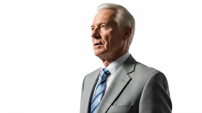 A confident senior businessman looking up in a professional setting with optimism