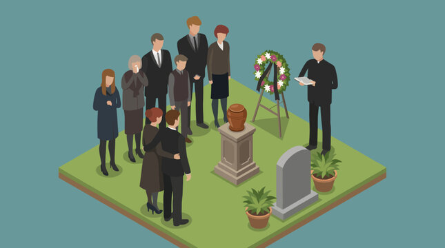 A respectful illustration capturing a solemn funeral gathering, with grieving attendees and floral tributes, conveying themes of loss, remembrance, and the communal nature of grief.