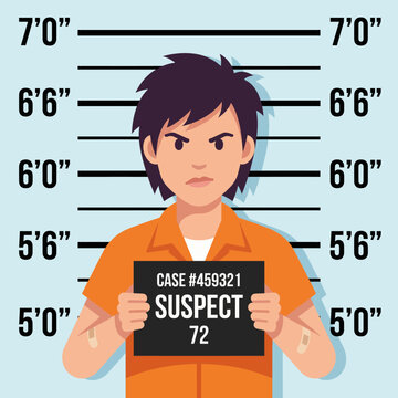 A stern young suspect is posing for a mugshot in an orange jumpsuit, against a height chart with a serious expression, conveying the intensity of the situation and emotions involved.