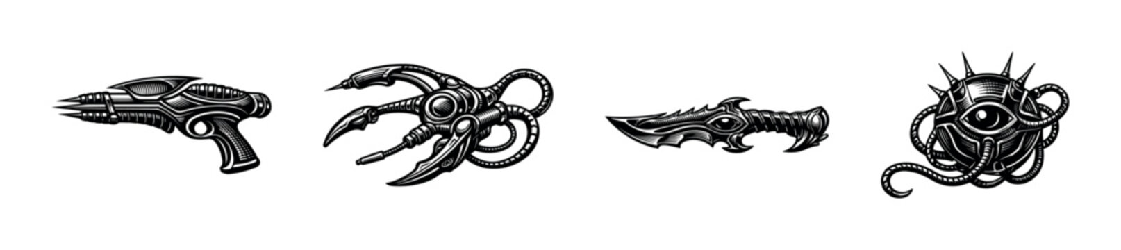 Futuristic sci-fi weaponry illustration, black and white clipart, alien technology silhouette