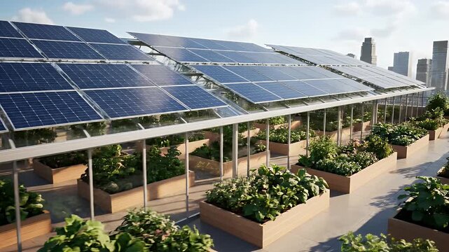 Rooftop Urban Farm with Solar Panels and City Skyline.