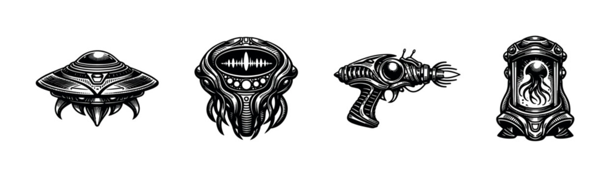 Retro futuristic space elements vector illustration featuring ufo ray gun alien spaceship capsule