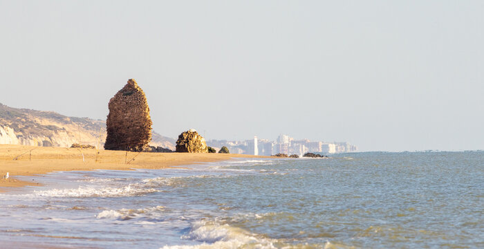 Ruins of the Torre del Loro on the Atlantic coast of Andalusia, seen from Mazag&oacute;n, with the resort town of Matalascanas on the horizon, Spain