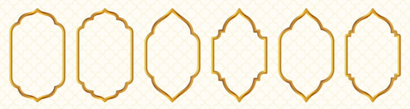 Golden Islamic vector arch frames, luxury gold arch borders for Ramadan backgrounds, labels and graphic design