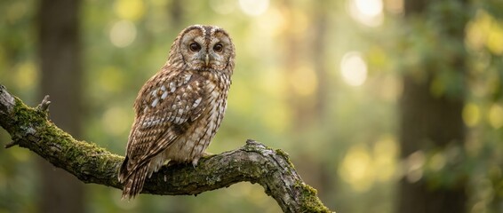 Fototapeta premium Observing majestic tawny owl in a serene forest setting nature photography captivating wildlife scene peaceful environment close-up perspective avian wonder