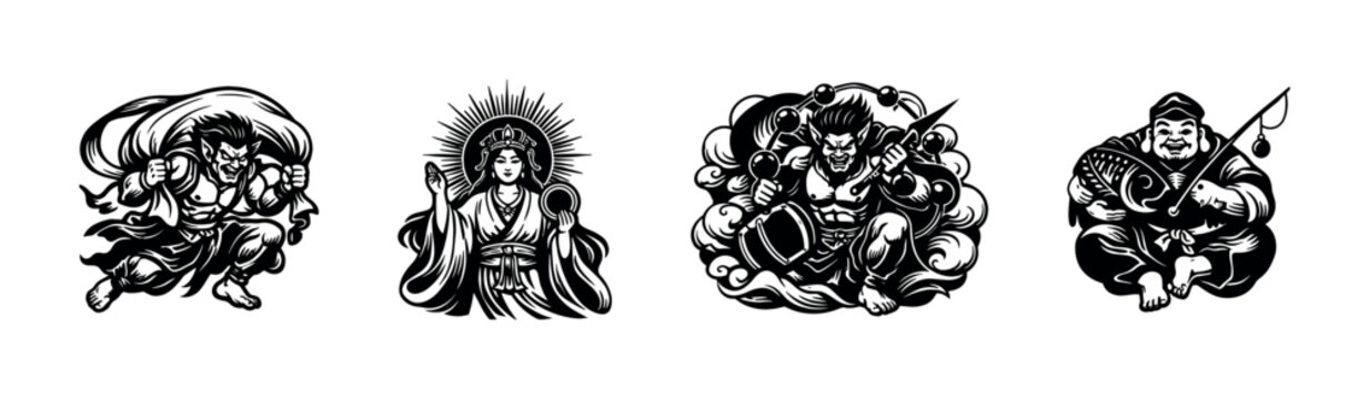 Traditional japanese tattoo design vector silhouette, mythological figures and elements art