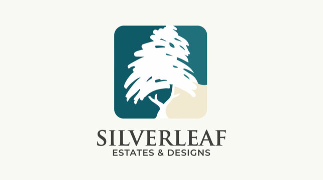 A stylish logo representing Silverleaf Estates & Designs featuring a tree emblem, symbolizing stability, growth, and a connection to nature in real estate and design.