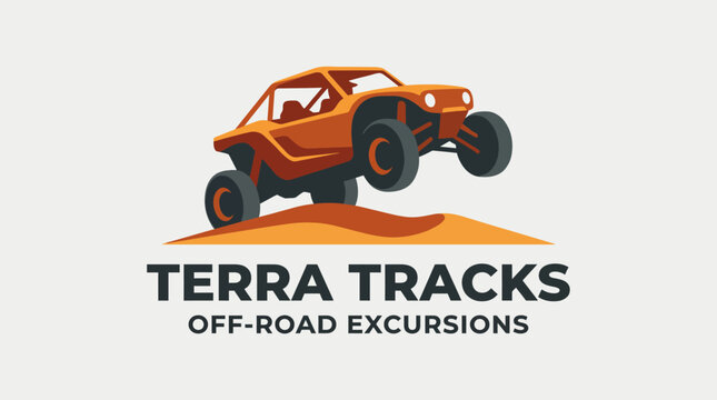 An energetic logo for Terra Tracks, showcasing an off-road vehicle in mid-jump over sand dunes, embodying the thrill and excitement of off-road adventures in rugged terrains.