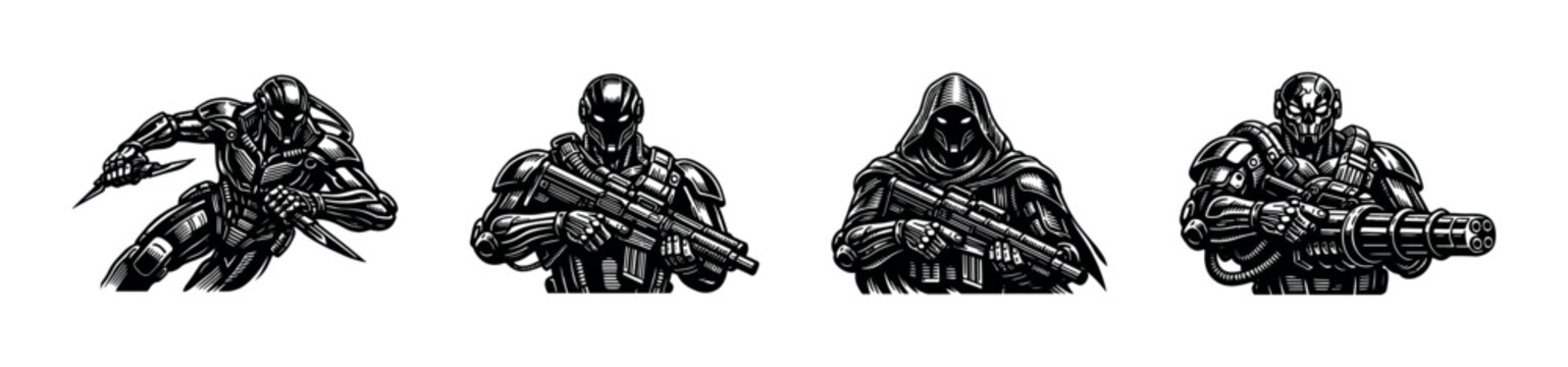 Futuristic robot soldiers, sci-fi characters in black and white vector silhouettes