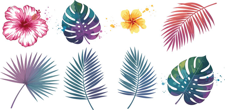 Watercolor Tropical Leaves and Hibiscus Flowers Collection