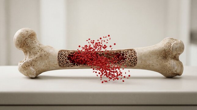 Human bone with red marrow exploding out symbolizing health disease or medical concept on white surface