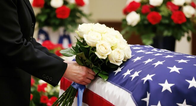 A mourner places white roses on a casket draped with the American flag at a funeral. Honoring a fallen military veteran with respect and patriotism
