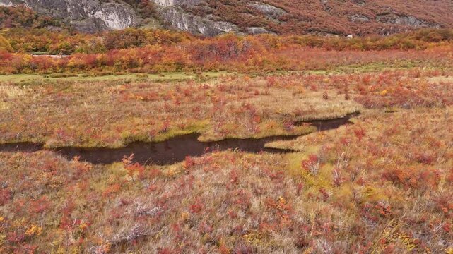 Aerial view of the golden landscape in Chalten, with the mountains in the background, showcasing the vastness of the terrain, Chalten, Argentina.