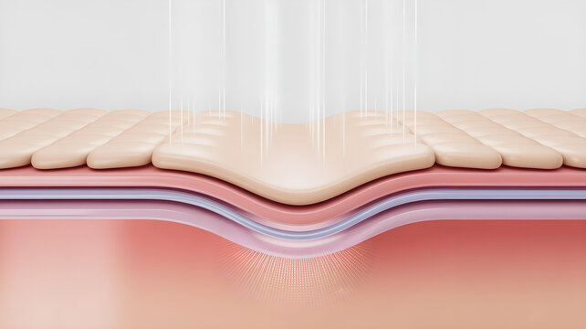 Illustrative cross section of skin layers receiving focused energy beams stimulating collagen and deep tissue regeneration for firming effects