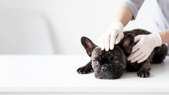 A veterinarian pets a French puppy bulldog lying on an examination table. Banner: Pet in the Clinic with space for text. Concept for professional animal care, routine examinations, therapy.