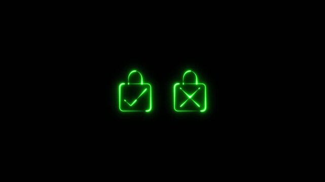 Two padlocks with neon illuminated lights with animated cross and right button on black background.