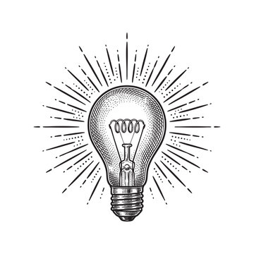 Retro light bulb with radiating lines in a black and white engraving style ink png