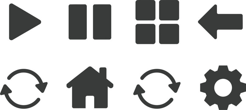 Interface icons flat black play pause grid back forward undo home refresh gear simple navigation control vector illustration