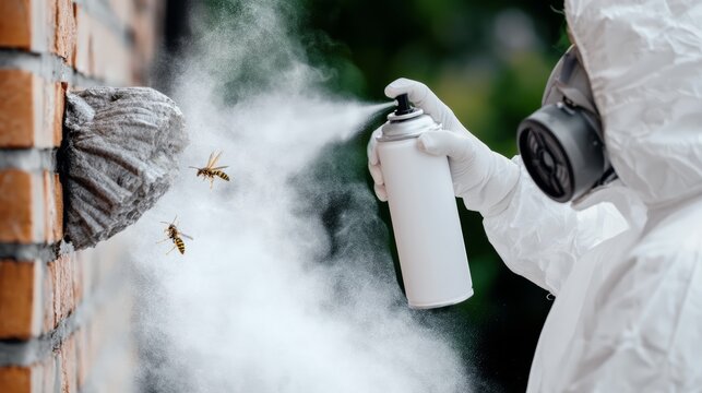 Pest control technician is spraying at a wasp nest.