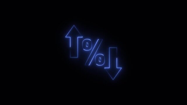 Perfect for reports and dashboards. Neon glowing percentage growth and decline icon with up and down arrows. Up and down percentage arrows icon.