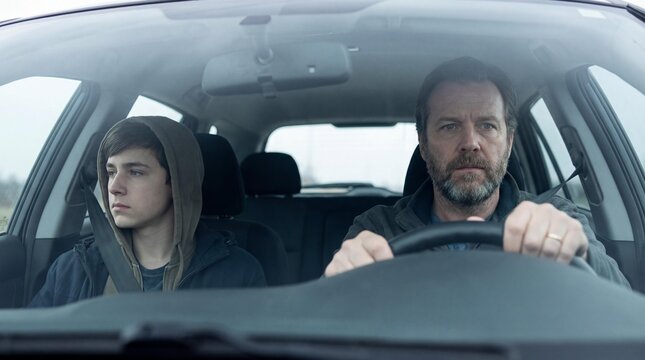 Father driving car with teenage son, tense atmosphere, serious faces