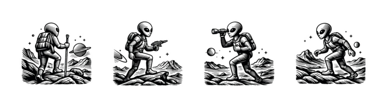 Vintage style vector illustration of alien astronauts exploring space with planets and stars