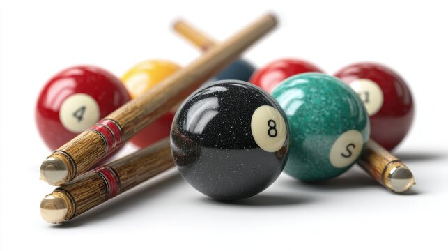 Billiard balls with crossed pool cues isolated on white background