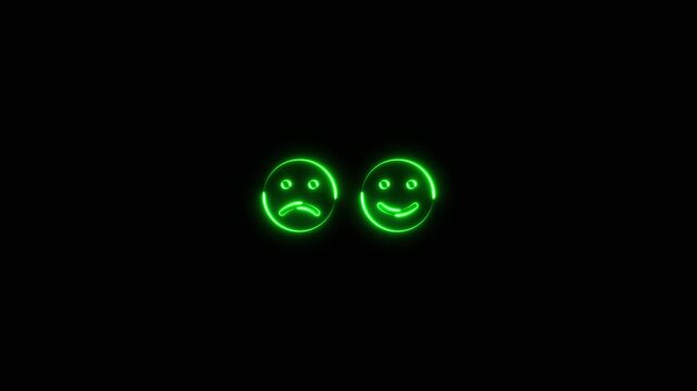 Neon glowing line emoji smile king or mood. Glowing neon sad and smile face animation on black background.