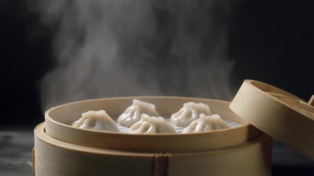 Close-up of freshly steamed, hot dumplings nestled in a traditional bamboo basket, emitting inviting wisps of steam, a true culinary delight