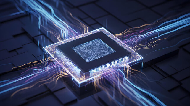 Futuristic glowing central processing unit chip illustrating complex data transfer and high speed artificial intelligence processing capabilities