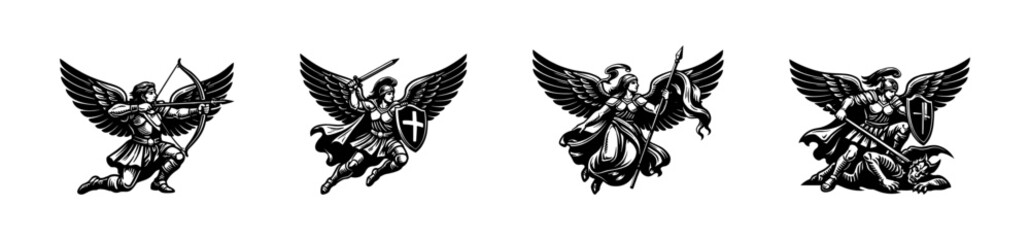 Fototapeta premium Black and white angel silhouette vector with sword and shield floral elements illustration