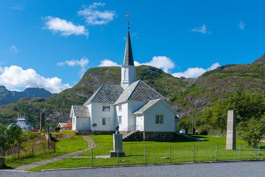Exterior view of Moskenes Church in Moskenes. Lofoten Islands in Norway.