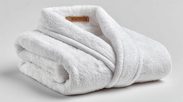 Folded white terry cloth bathrobe on a white background, soft and plush fabric ideal for spa, hotel, and luxury relaxation settings.
