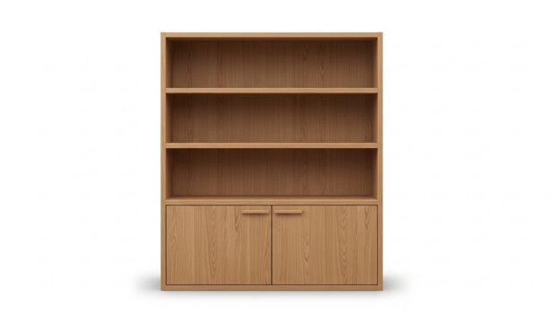 Modern oak wood bookshelf with closed cabinet doors and open shelves realistic furniture vector isolated on white