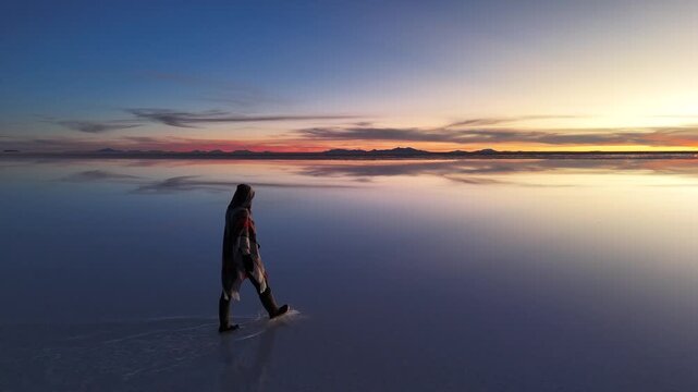 Aerial view of a person walking on water with a mirror reflection of the sky during sunset with orange and blue tones, Salar de Uyuni, Bolivia.