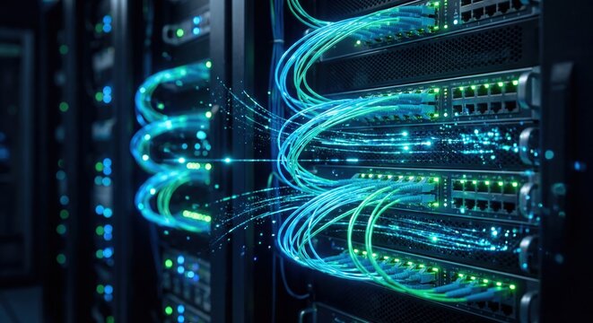 Close up shot of modern server racks in a dark data center, glowing neon blue and green lights, optical fiber cables