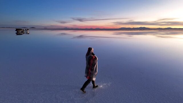 Aerial view of a person walking on the reflective surface of Salar de Uyuni, with a pink and blue sky mirroring the ground, Salar de Uyuni, Bolivia.