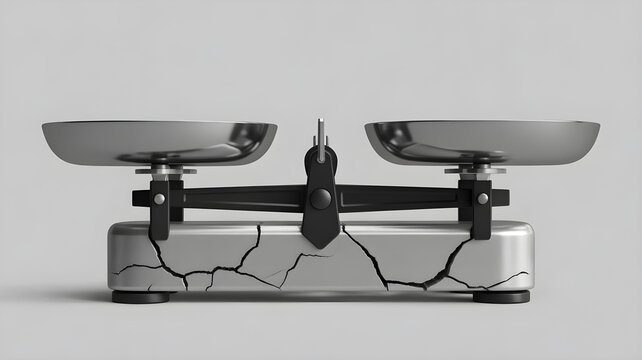 Broken antique kitchen balance scale with cracked base symbolizing imbalance failure or judgment concept isolated on grey.