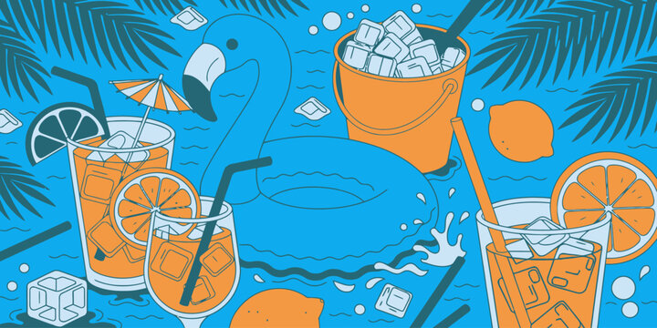 Flamingo float in a pool with refreshing drinks, ice cubes, and citrus slices on a hot summer day. featuring cocktails, lemon, palm leaves with ocean