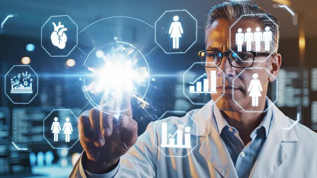 Man in lab coat interacting with AI interface