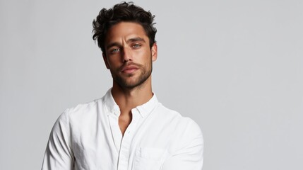 Obraz premium Modern masculinity and male grooming A handsome brunette man in a white shirt poses with a serious expression against a plain background representing confidence and self-assuredness The studio shot.