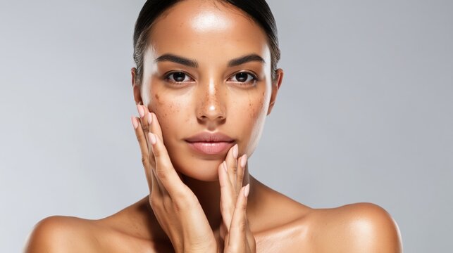 Skin positivity and self-care showcasing a confident woman with natural skin texture and hyperpigmentation The portrait promotes acceptance and inclusivity in beauty standards emphasizing.