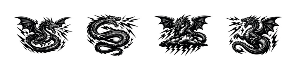 Obraz premium Black and white silhouette vector of dragon illustrations featuring lightning elements