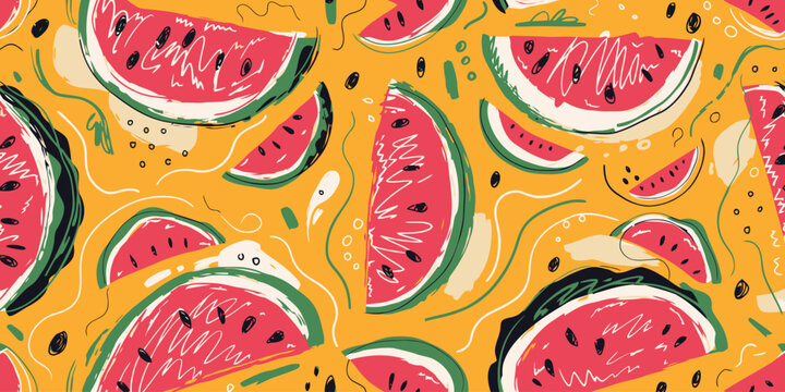 Watermelon summer pattern repeating vector with slices and seeds on a white background for design elements