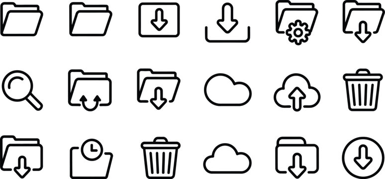 File & folder icon set, cloud folder, shared folder, locked folder, search file, edit file, copy file, trash bin symbols, thin line vector illustration for UI and web apps.