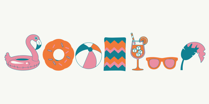 Flamingo float, donut, beach ball, towel, cocktail, sunglasses, and palm leaf with playful summer party objects