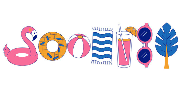 Flamingo pool float, donut, beach ball, towel, cocktail, sunglasses, and palm leaf represent summer fun and relaxation.